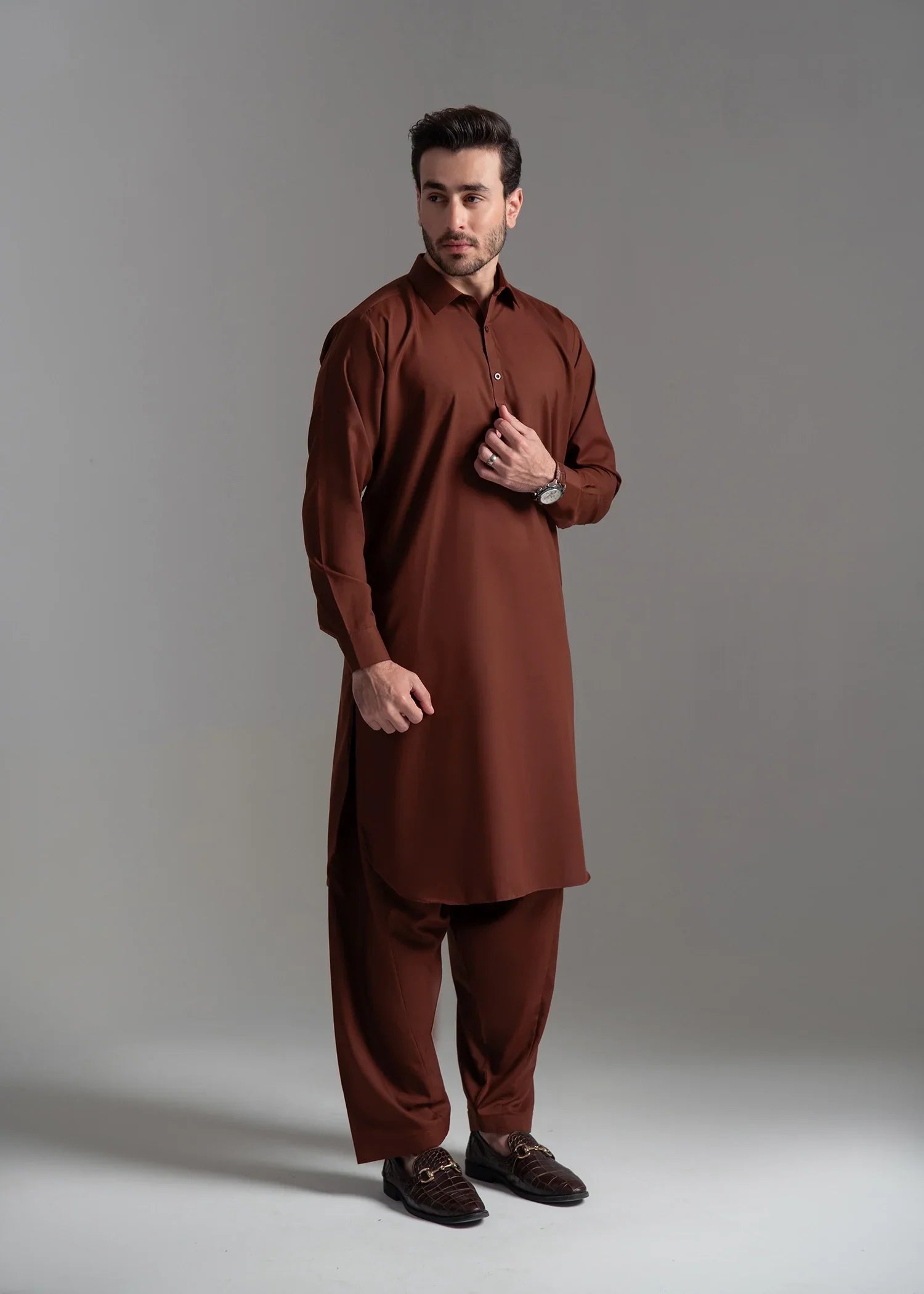 Picture of Wash & Wear | Brown Collared Shalwar Kameez - Available at Raja Sahib
