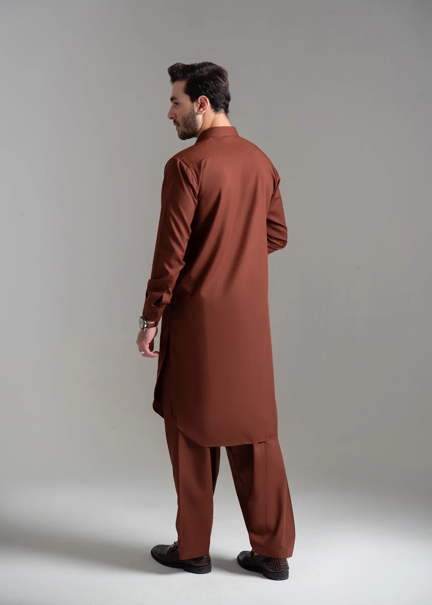 Picture of Wash & Wear | Brown Collared Shalwar Kameez - Available at Raja Sahib