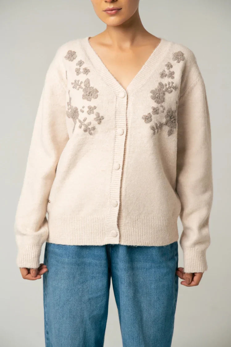 Picture of Ellena - V-Neck Embroidered Knit Sweater - Available at Raja Sahib