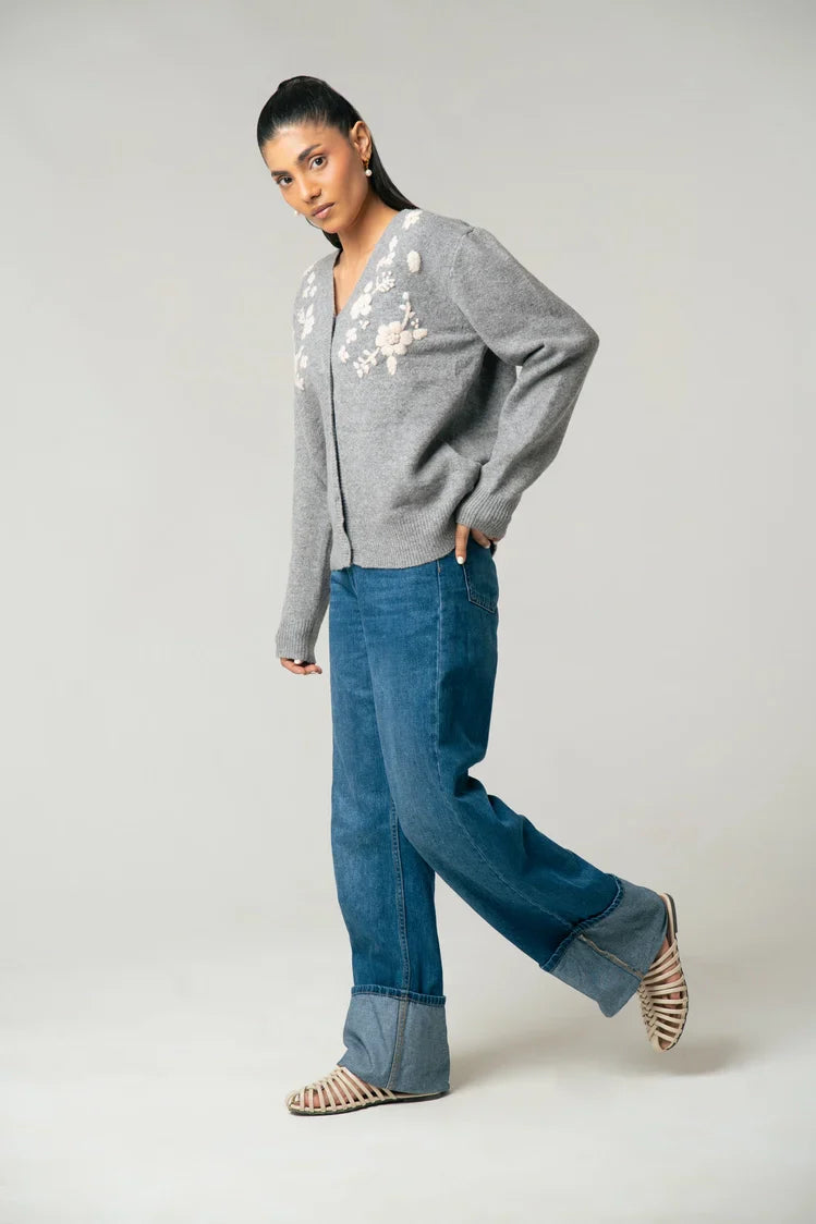 Picture of Ellena - V-Neck Embroidered Knit Sweater - Available at Raja Sahib