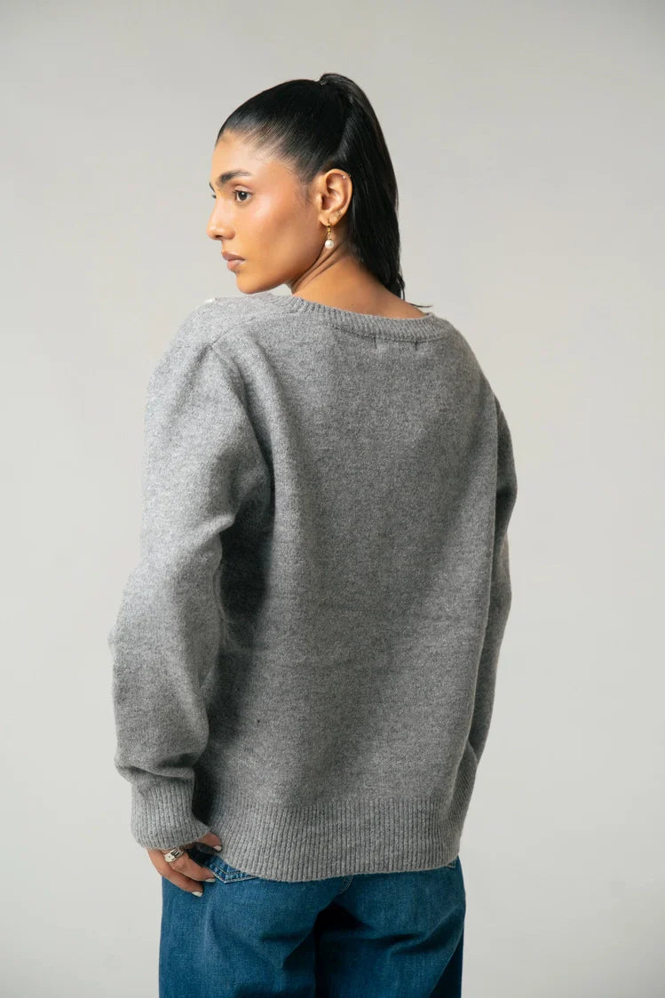 Picture of Ellena - V-Neck Embroidered Knit Sweater - Available at Raja Sahib