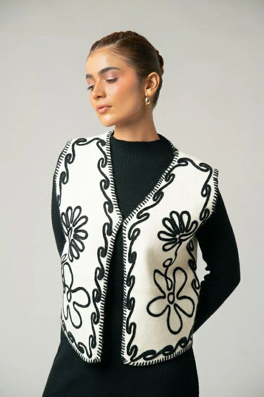 Picture of Ellena - Sleeveless Embroidered Knit Cardigan - Available at Raja Sahib