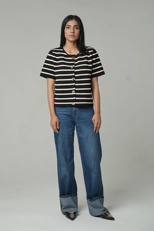Picture of Short Sleeves Striped Knit Cardigan - Available at Raja Sahib