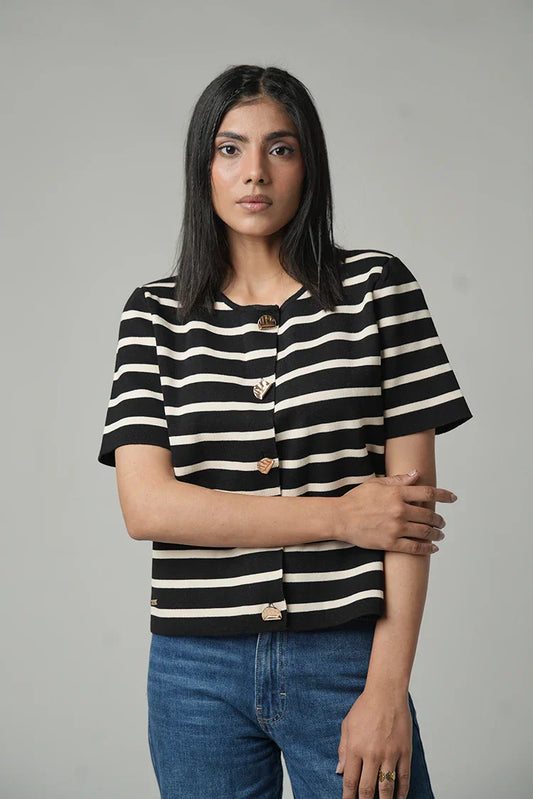 Picture of Short Sleeves Striped Knit Cardigan - Available at Raja Sahib