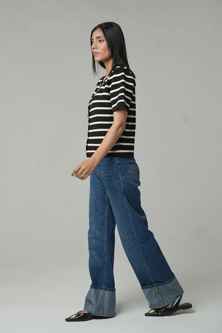 Picture of Short Sleeves Striped Knit Cardigan - Available at Raja Sahib