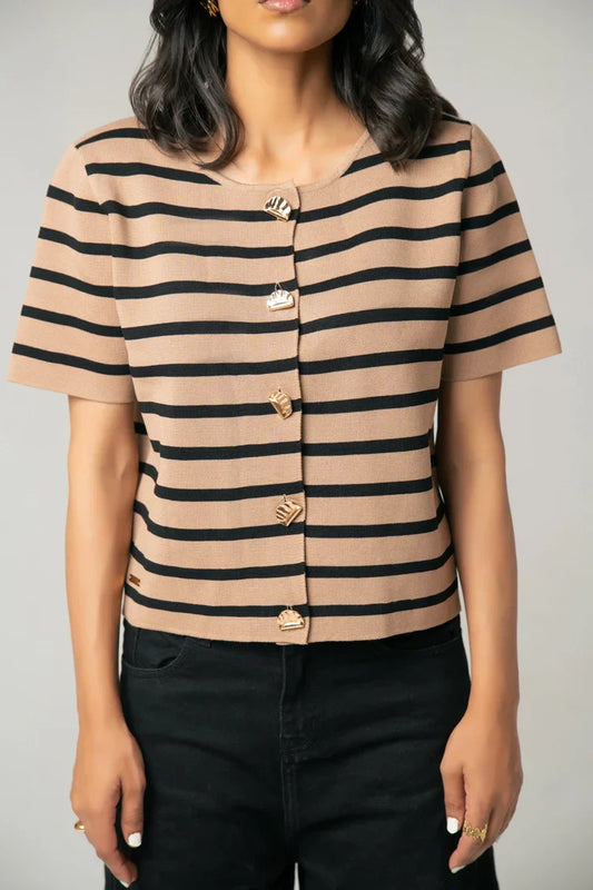 Picture of Short Sleeves Striped Knit Cardigan - Available at Raja Sahib