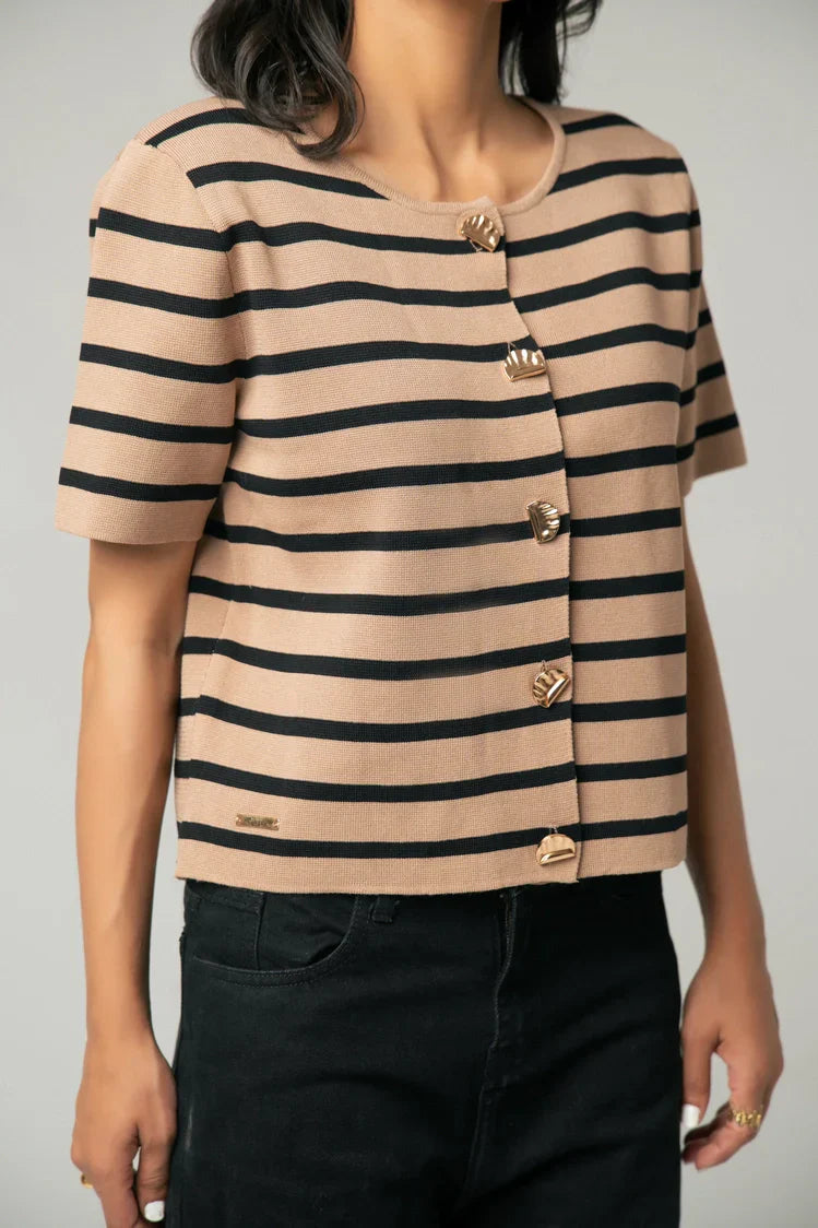 Picture of Short Sleeves Striped Knit Cardigan - Available at Raja Sahib