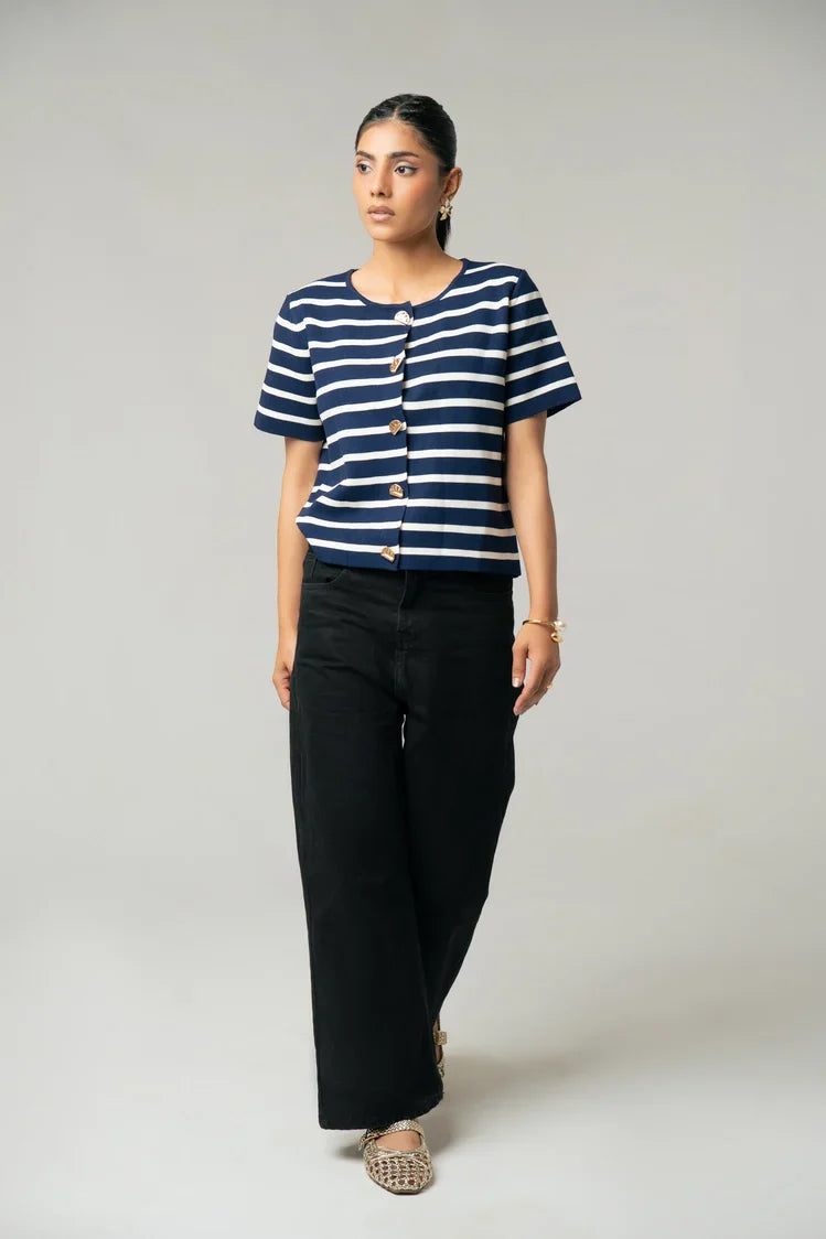 Picture of Short Sleeves Striped Knit Cardigan - Available at Raja Sahib