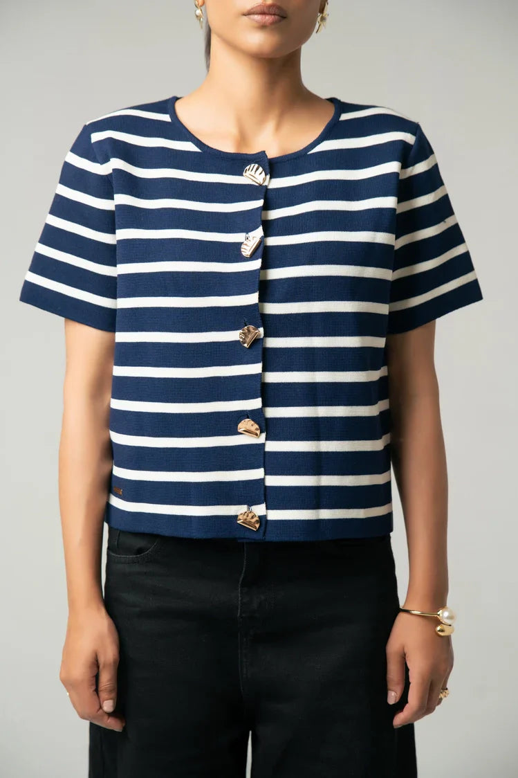Picture of Short Sleeves Striped Knit Cardigan - Available at Raja Sahib