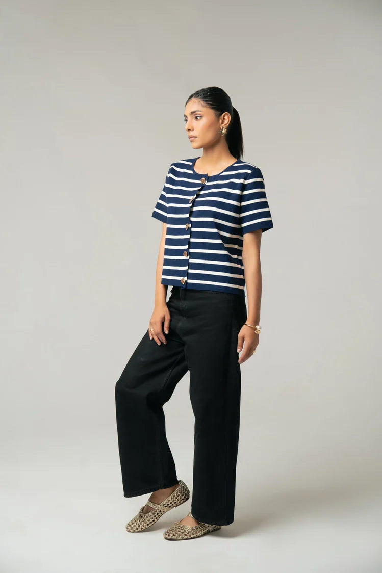 Picture of Short Sleeves Striped Knit Cardigan - Available at Raja Sahib