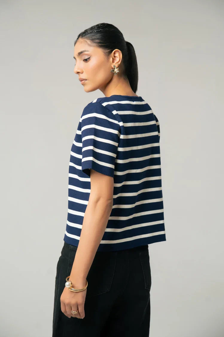 Picture of Short Sleeves Striped Knit Cardigan - Available at Raja Sahib