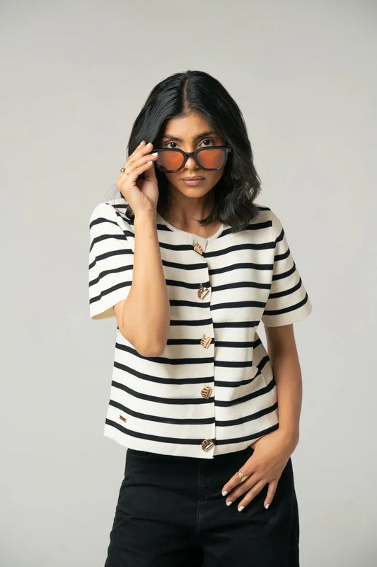 Picture of Short Sleeves Striped Knit Cardigan - Available at Raja Sahib