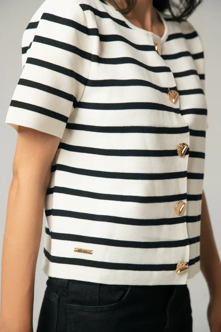 Picture of Short Sleeves Striped Knit Cardigan - Available at Raja Sahib