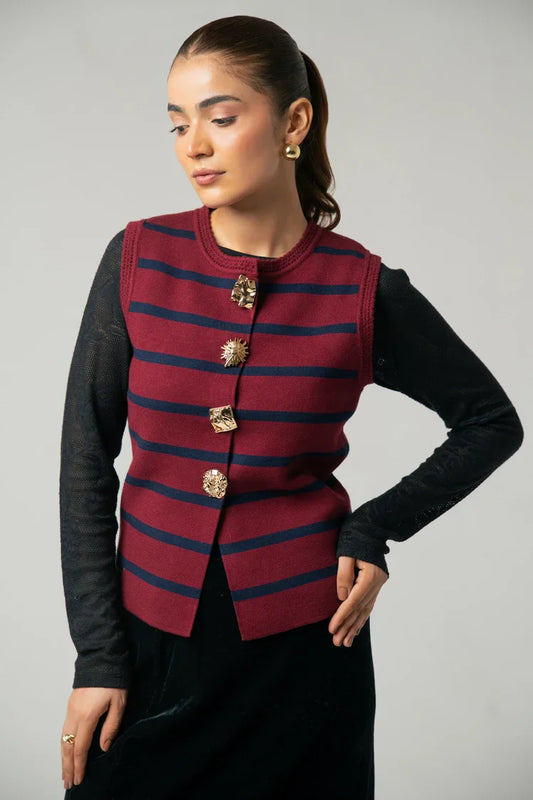 Picture of Sleeveless Striped Knit Cardigan - Available at Raja Sahib