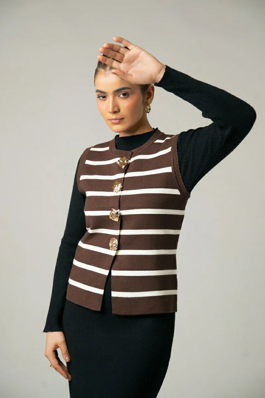 Picture of Sleeveless Striped Knit Cardigan - Available at Raja Sahib