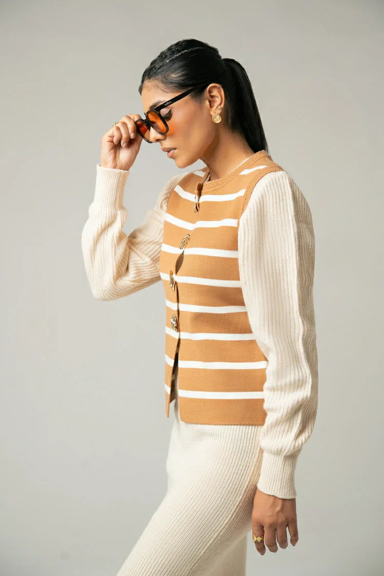 Picture of Sleeveless Striped Knit Cardigan - Available at Raja Sahib