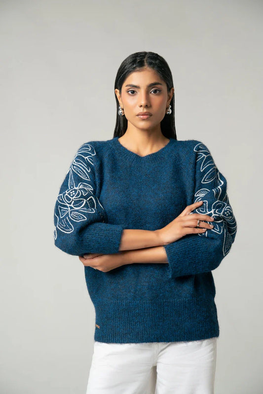 Picture of Oversized Embroidered Knit Sweater - Available at Raja Sahib