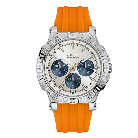 Guess Turbo Orange Silicone Strap Silver Dial Chronograph Quartz Watch for Gents - W0966G1