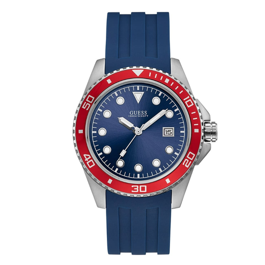Guess Crew Blue Silicone Strap Blue Dial Quartz Watch for Gents - W1109G2