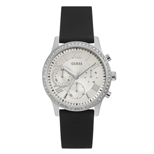 Guess Solar Black Silicone Strap Silver Dial Chronograph Quartz Watch for Ladies - W1135L5