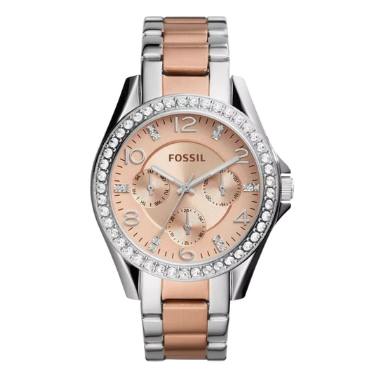 Fossil Riley Two-tone Stainless Steel Rose Gold Dial Quartz Watch for Ladies - ES4145