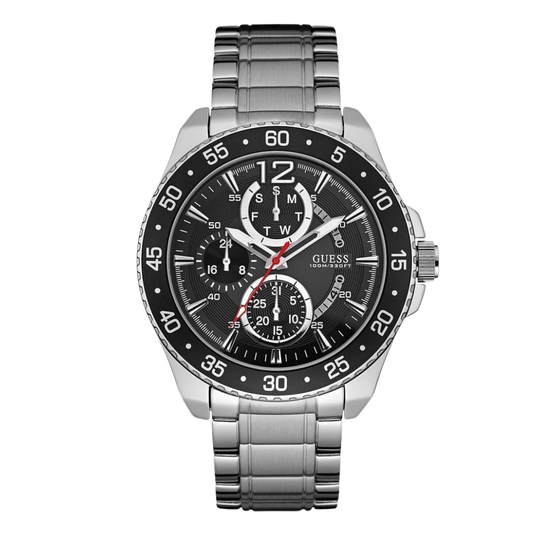 Guess Jet Silver Stainless Steel Black Dial Quartz Watch for Gents - W0797G2