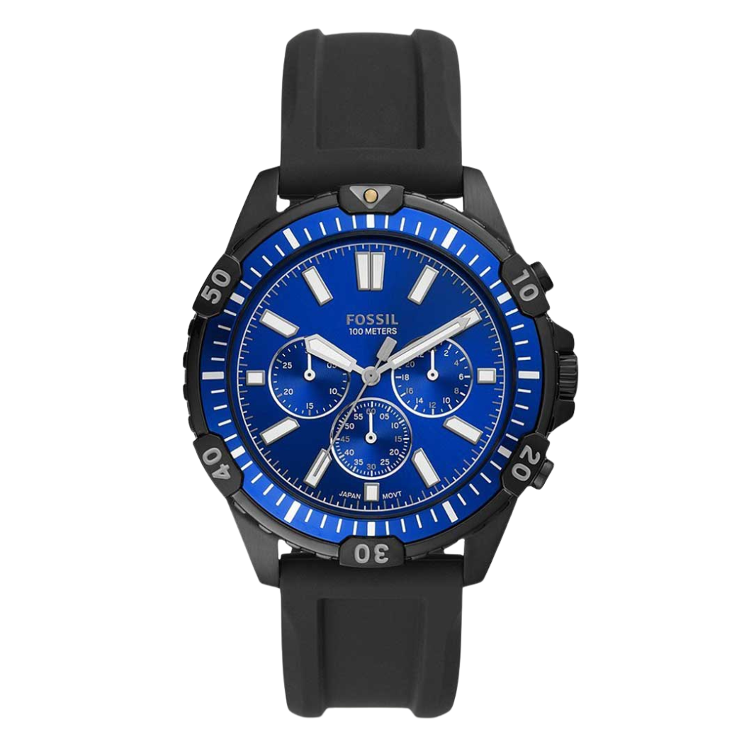 Picture of Fossil Garrett Black Silicone Strap Blue Dial Chronograph Quartz Watch for Gents - FS5695 - Available at Raja Sahib
