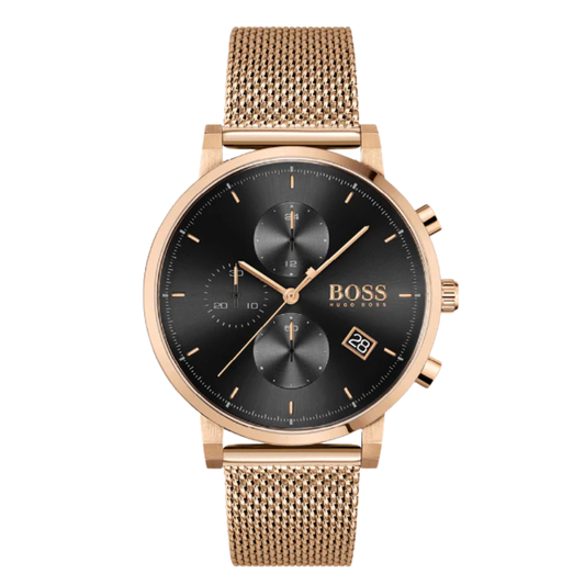 Hugo Boss Integrity Gold Mesh Bracelet Black Dial Chronograph Quartz Watch For Gents - 1513808