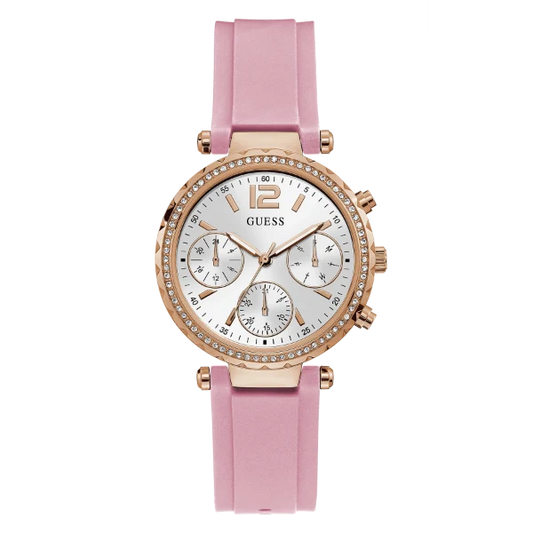 Guess Solstice Pink Silicone Strap Silver Dial Chronograph Quartz Watch for Ladies - GW0113L4