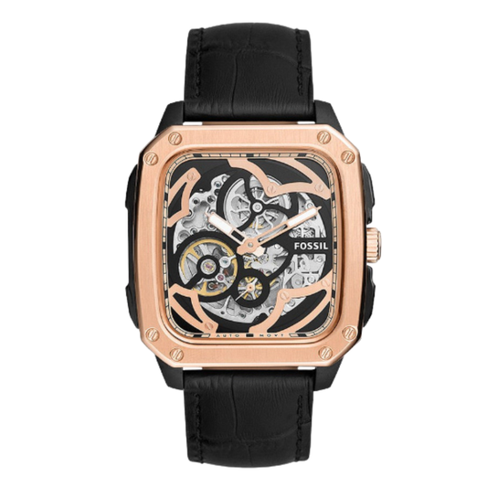 Fossil Inscription Black Leather Strap Skeleton Multicolor Dial Automatic Watch for Gents - BQ2572