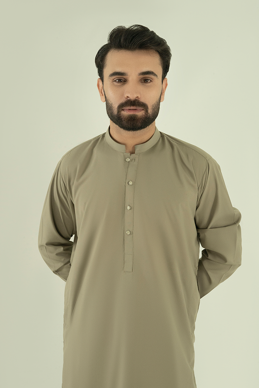 Picture of Black Pearl - Wash & Wear | Light Olive Ban Kameez Shalwar - Available at Raja Sahib
