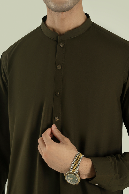Picture of Black Pearl - Wash & Wear | Olive Ban Kameez Shalwar - Available at Raja Sahib
