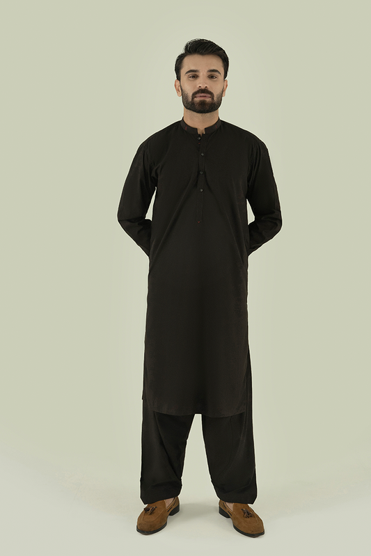 Picture of Black Pearl - Wash & Wear | Dark Brown Ban Kameez Shalwar - Available at Raja Sahib