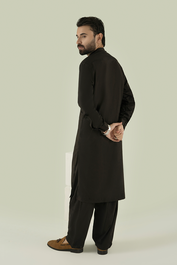 Picture of Black Pearl - Wash & Wear | Dark Brown Ban Kameez Shalwar - Available at Raja Sahib