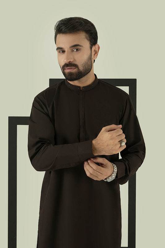 Picture of Black Pearl - Wash & Wear | Chocolate Brown Ban Kameez Shalwar - Available at Raja Sahib