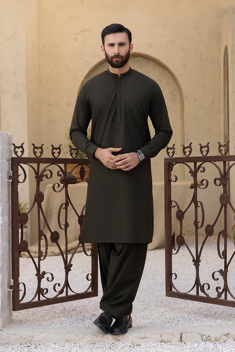 Picture of Black Pearl - Wash & Wear | Dark Green Ban Shalwar Kameez - Available at Raja Sahib