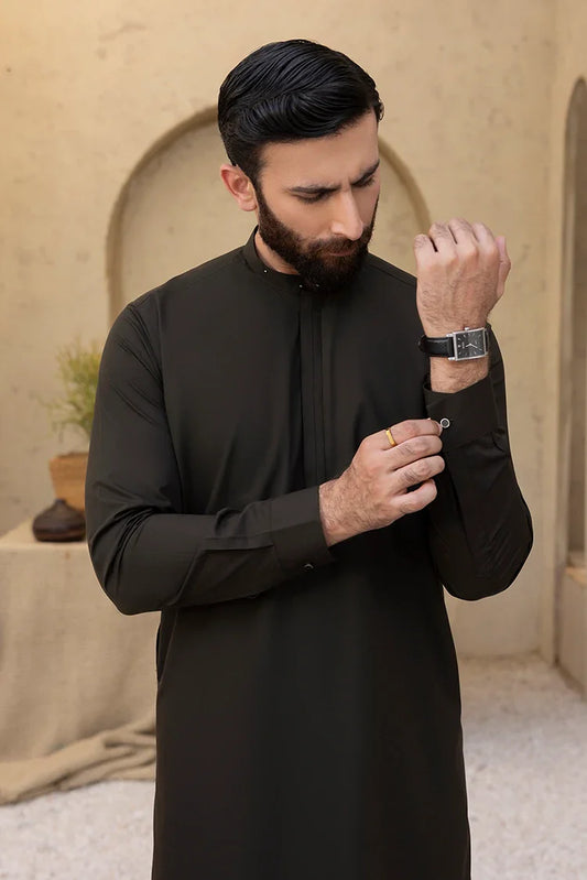 Picture of Black Pearl - Wash & Wear | Dark Green Ban Shalwar Kameez - Available at Raja Sahib