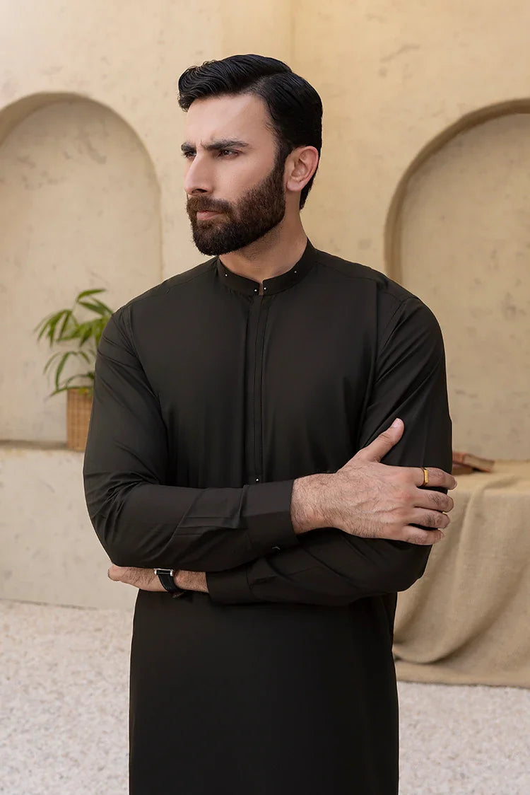 Picture of Black Pearl - Wash & Wear | Dark Green Ban Shalwar Kameez - Available at Raja Sahib
