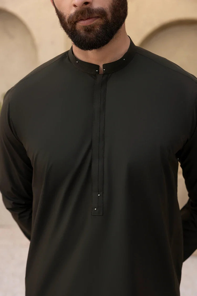 Picture of Black Pearl - Wash & Wear | Dark Green Ban Shalwar Kameez - Available at Raja Sahib