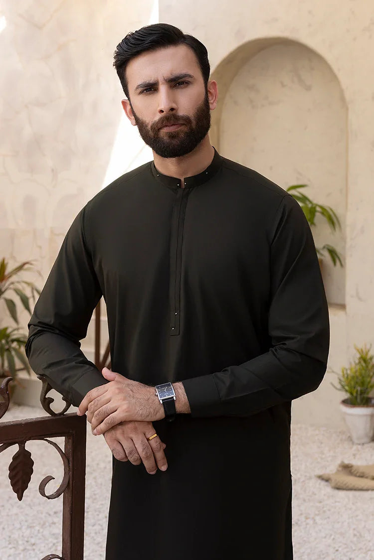 Picture of Black Pearl - Wash & Wear | Dark Green Ban Shalwar Kameez - Available at Raja Sahib