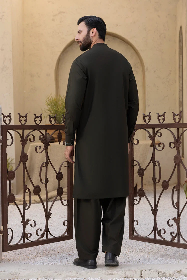Picture of Black Pearl - Wash & Wear | Dark Green Ban Shalwar Kameez - Available at Raja Sahib