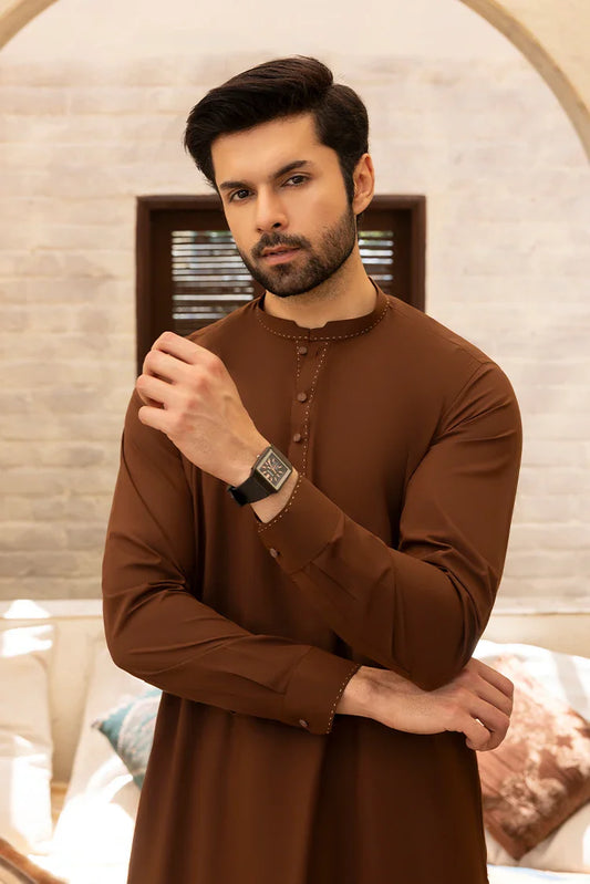 Picture of Black Pearl - Wash & Wear | Brown Collar Ban Kameez - Available at Raja Sahib