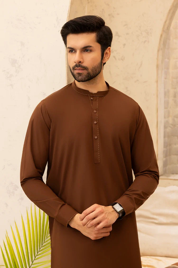 Picture of Black Pearl - Wash & Wear | Brown Collar Ban Kameez - Available at Raja Sahib