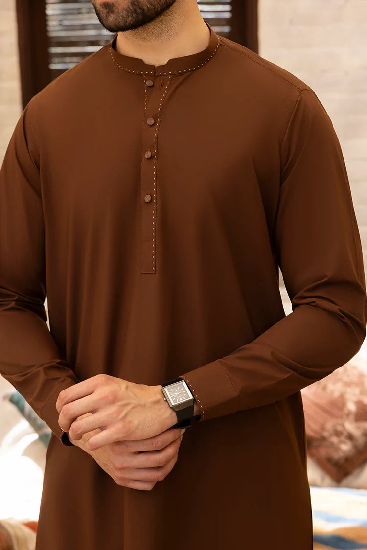Picture of Black Pearl - Wash & Wear | Brown Collar Ban Kameez - Available at Raja Sahib