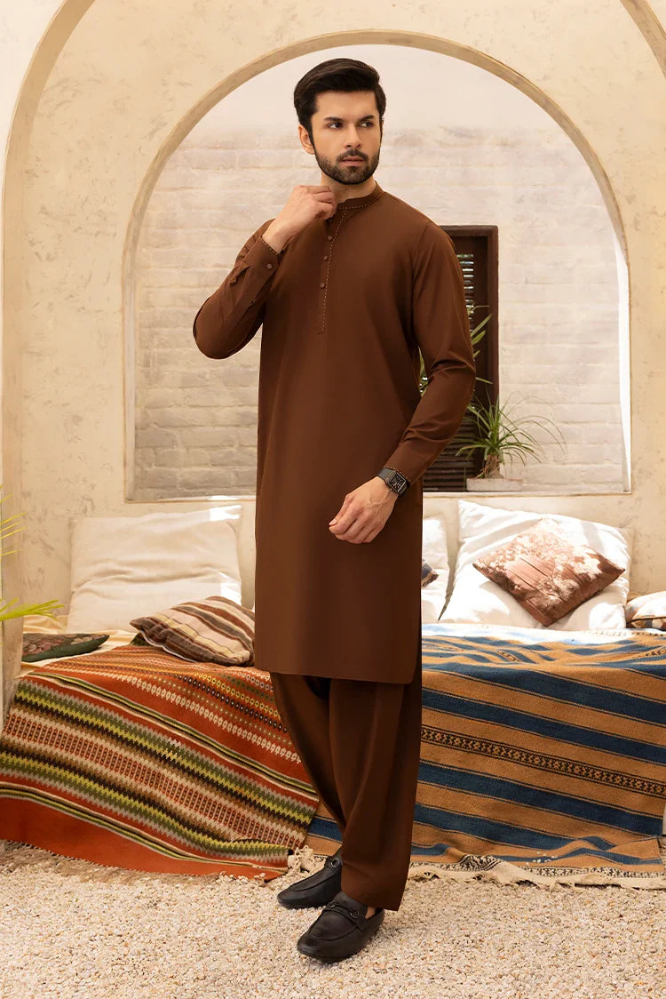 Picture of Black Pearl - Wash & Wear | Brown Collar Ban Kameez - Available at Raja Sahib