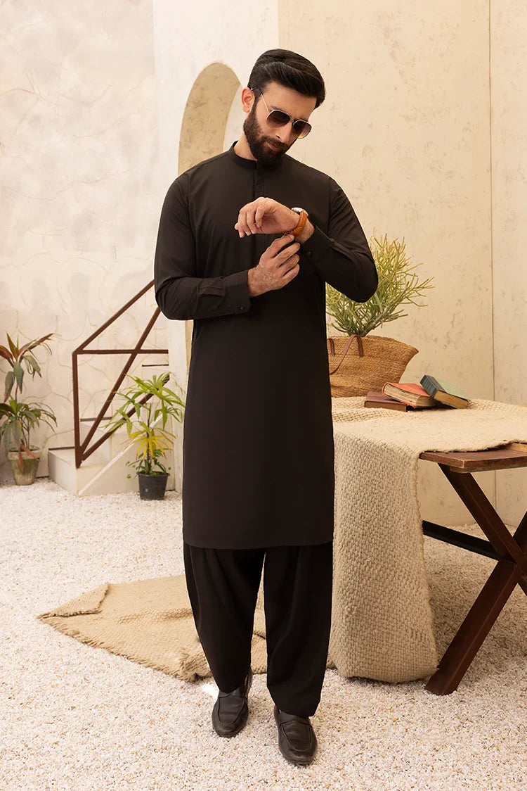 Picture of Black Pearl - Wash & Wear | Dark Brown Ban Shalwar Kameez - Available at Raja Sahib