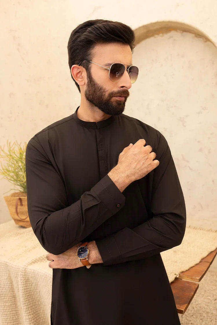Picture of Black Pearl - Wash & Wear | Dark Brown Ban Shalwar Kameez - Available at Raja Sahib