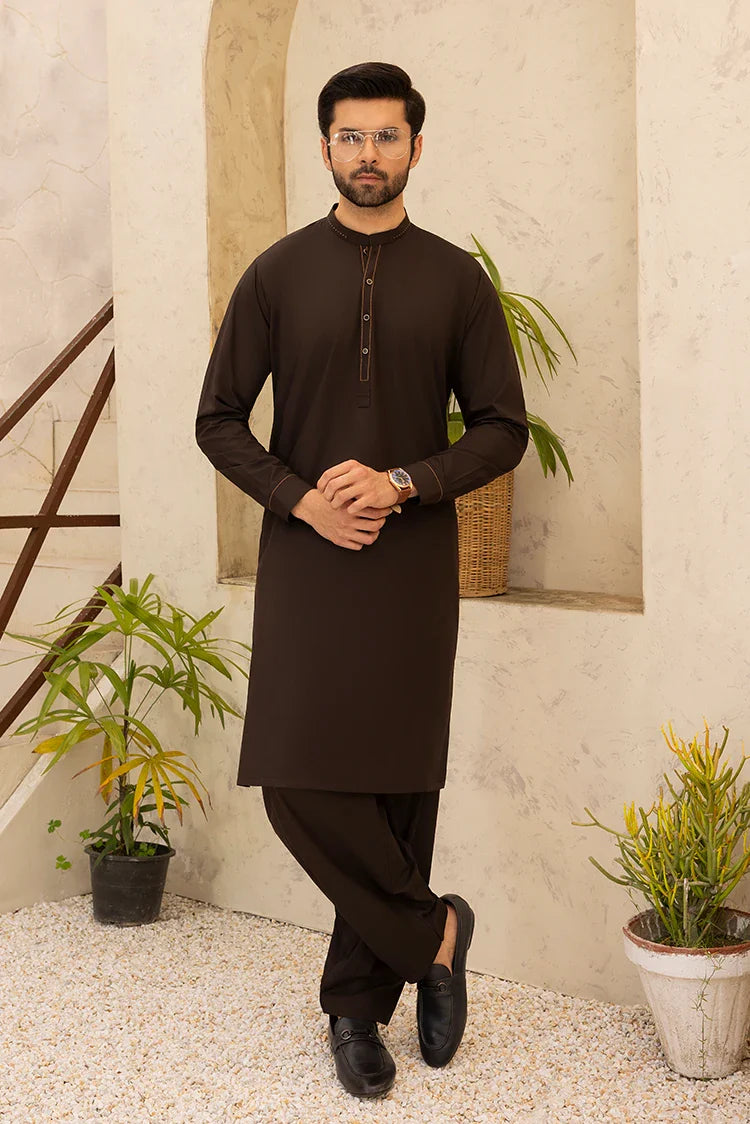 Picture of Black Pearl - Wash & Wear | Dark Brown Ban Shalwar Kameez - Available at Raja Sahib