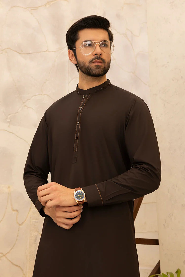 Picture of Black Pearl - Wash & Wear | Dark Brown Ban Shalwar Kameez - Available at Raja Sahib