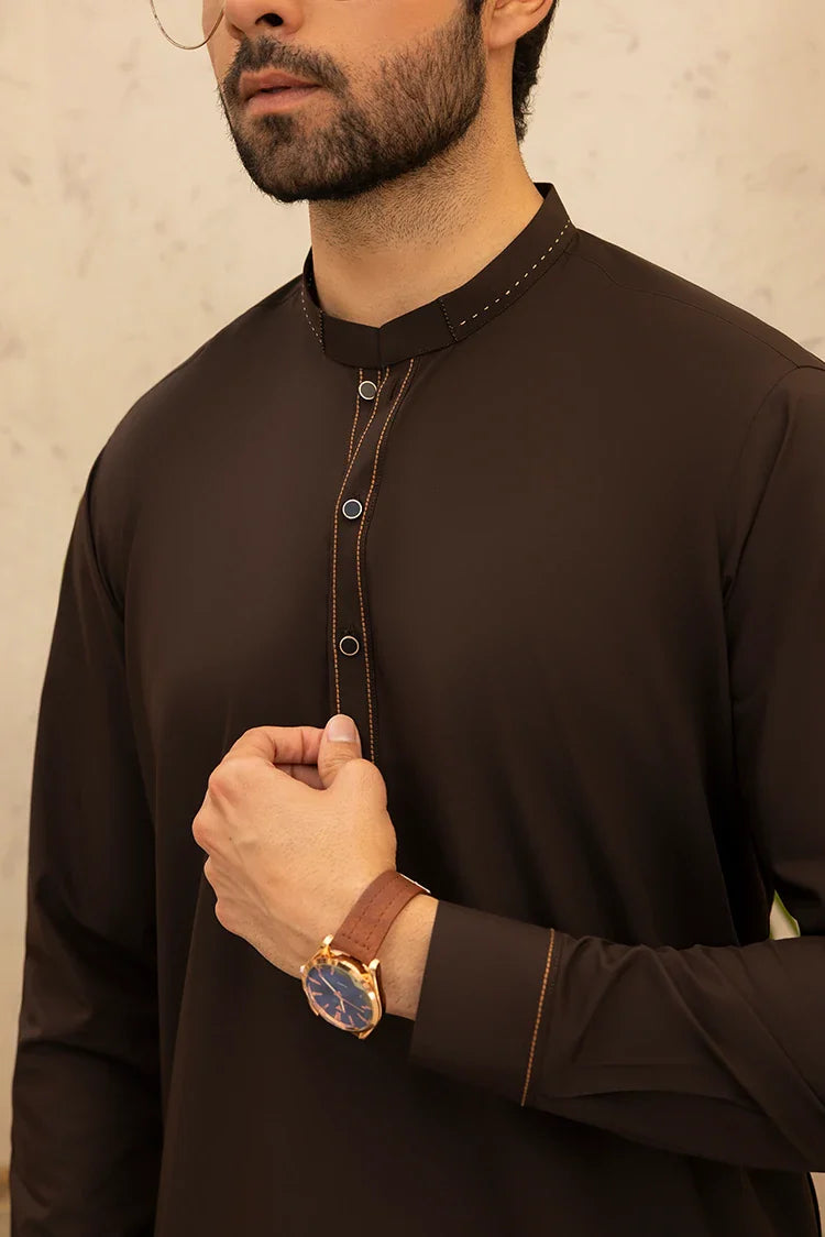 Picture of Black Pearl - Wash & Wear | Dark Brown Ban Shalwar Kameez - Available at Raja Sahib